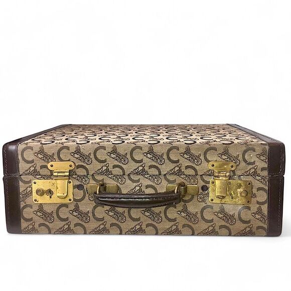 CELINE Brown Leather & Canvas and Horse Carriage Suitcase w/ Brass Locks Vintage - Picture 1 of 17